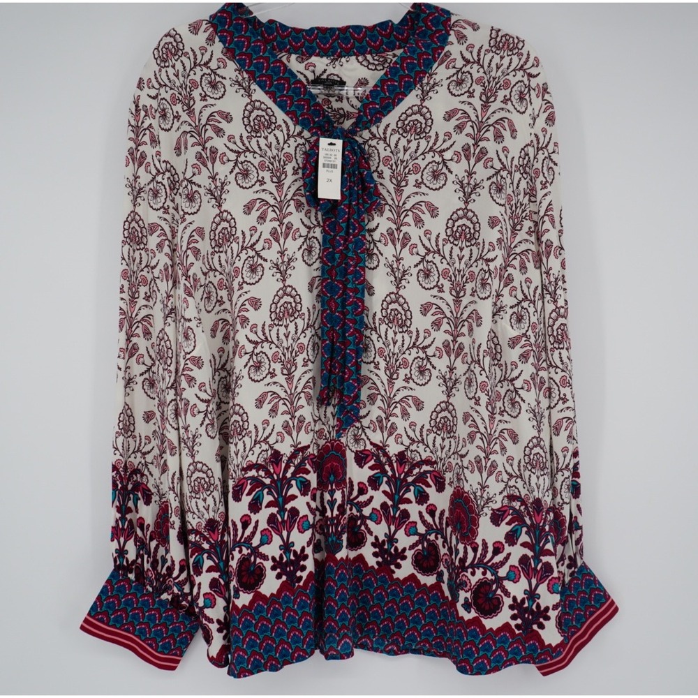 Talbots Plus 2X Floral Paisley Tie Neck Blouse Pink Teal NEW Careerwear Office‎